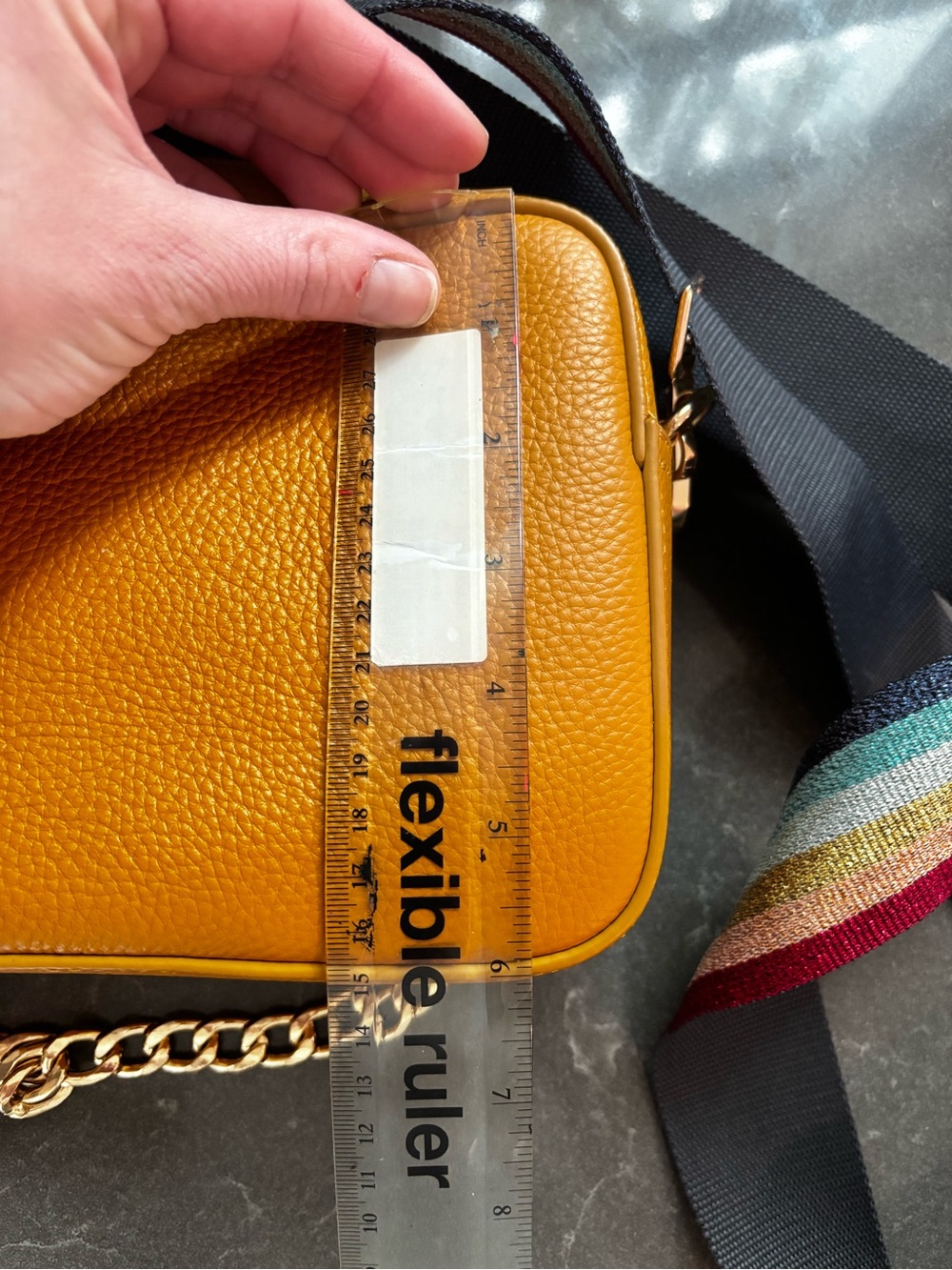 Compact Mustard Yellow Pebbled Leather Crossbody Bag with Gold Hardware - Picture 8 of 9
